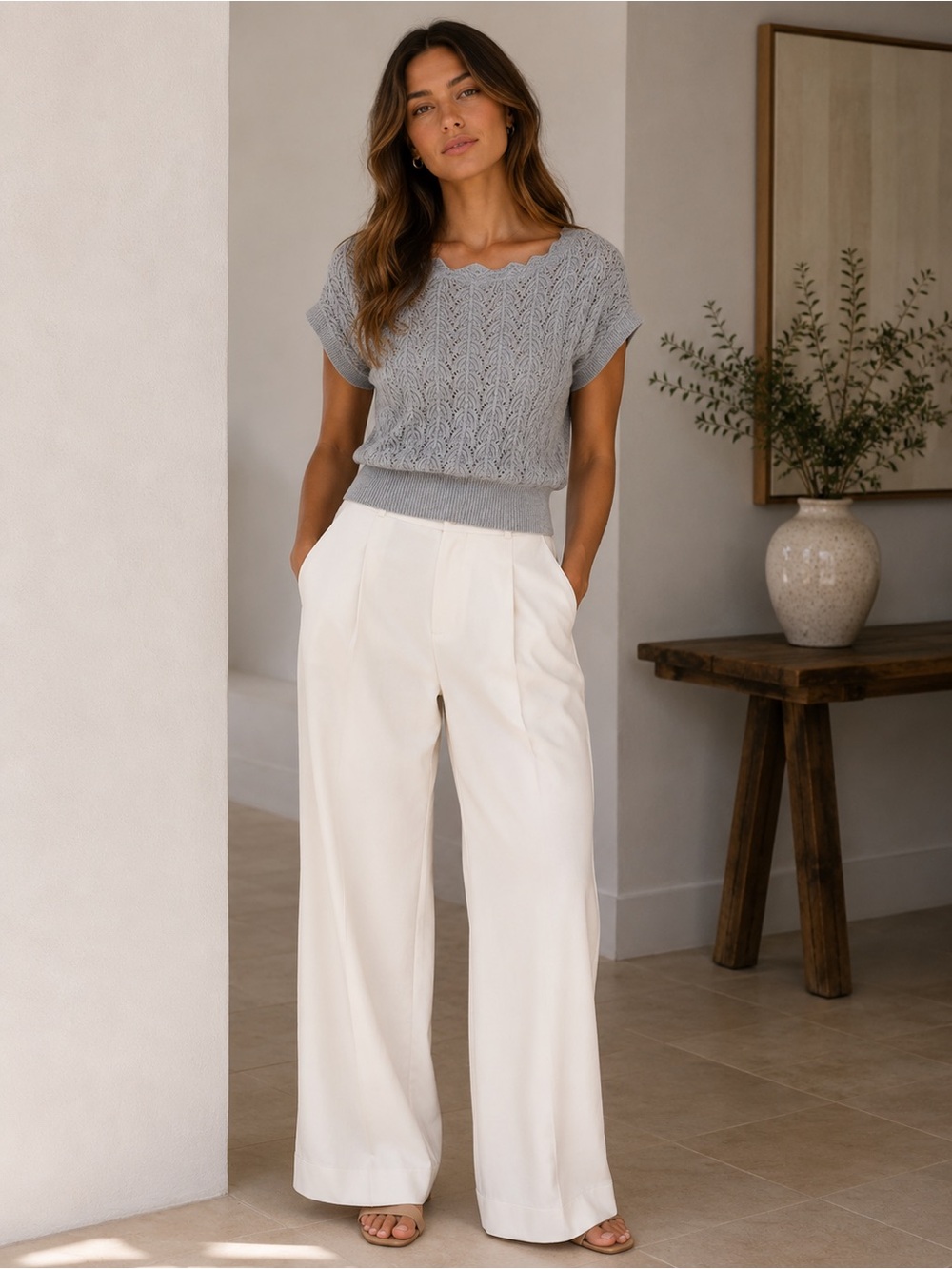 COMMENSE Scallop Neck Knit Top